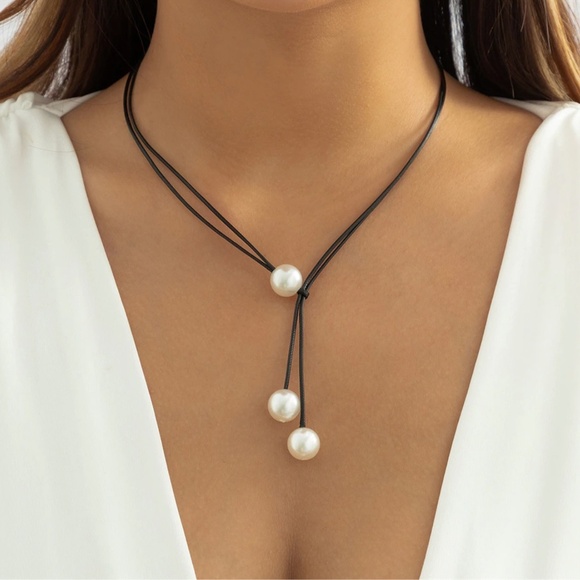 Faux Pearl Lariat Necklace – Adjustable Black Cord – Modern Y Necklace for Women - Picture 3 of 4